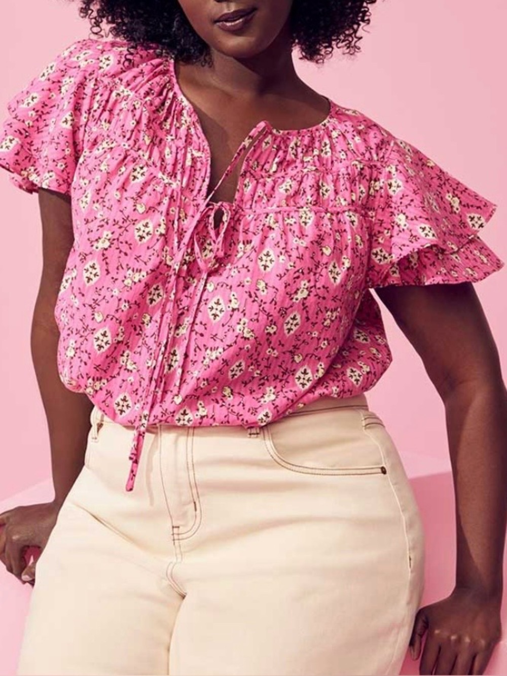 Lane Bryant pink floral double tie flutter sleeve top feminine garden whimsical